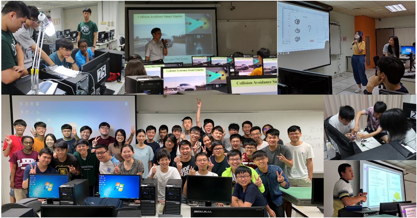 2019 電資體驗營上課與活動照片：學員在電腦教室實作、教授在教室前授課「Collision Avoidance Smart Vehicles」、學員上台報告、師生大合照與實驗操作