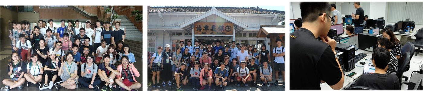 學員活動照片三張：在系館階梯前的室內合影、在保安車站前合影、老師在電腦教室內查看學員操作
