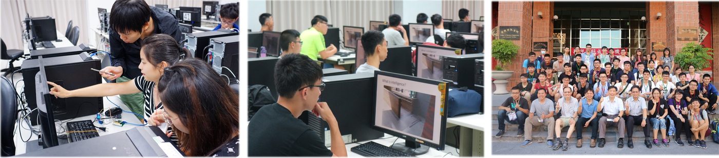 學員活動照片三張：老師指導學員操作電路板、學員在教室上課、在電機系館前的大合照